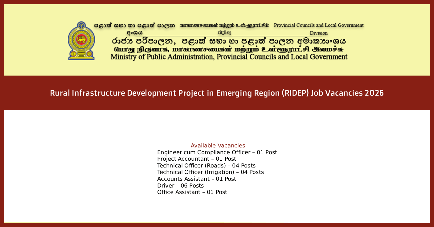 Rural Infrastructure Development Project in Emerging Region (RIDEP) Job Vacancies 2026
