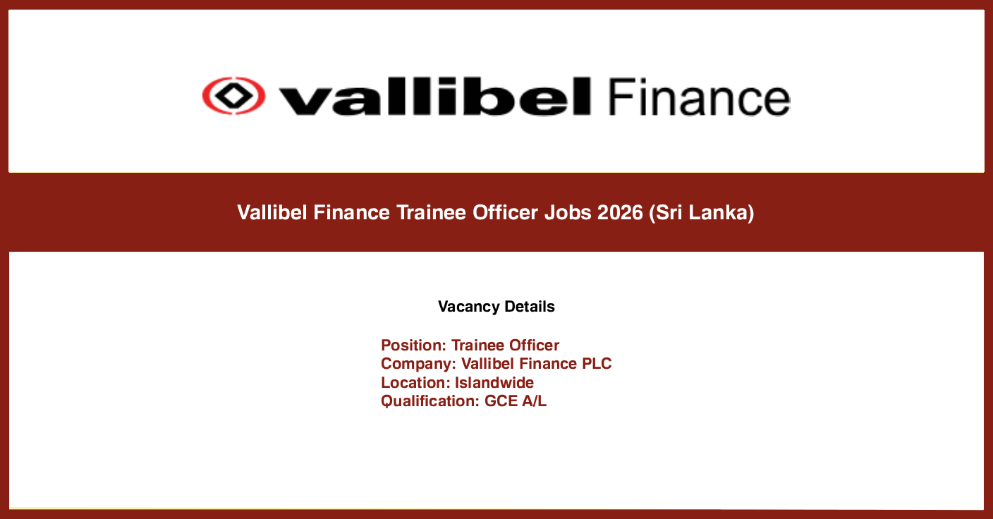 Vallibel Finance Trainee Officer Jobs 2026 (Sri Lanka)