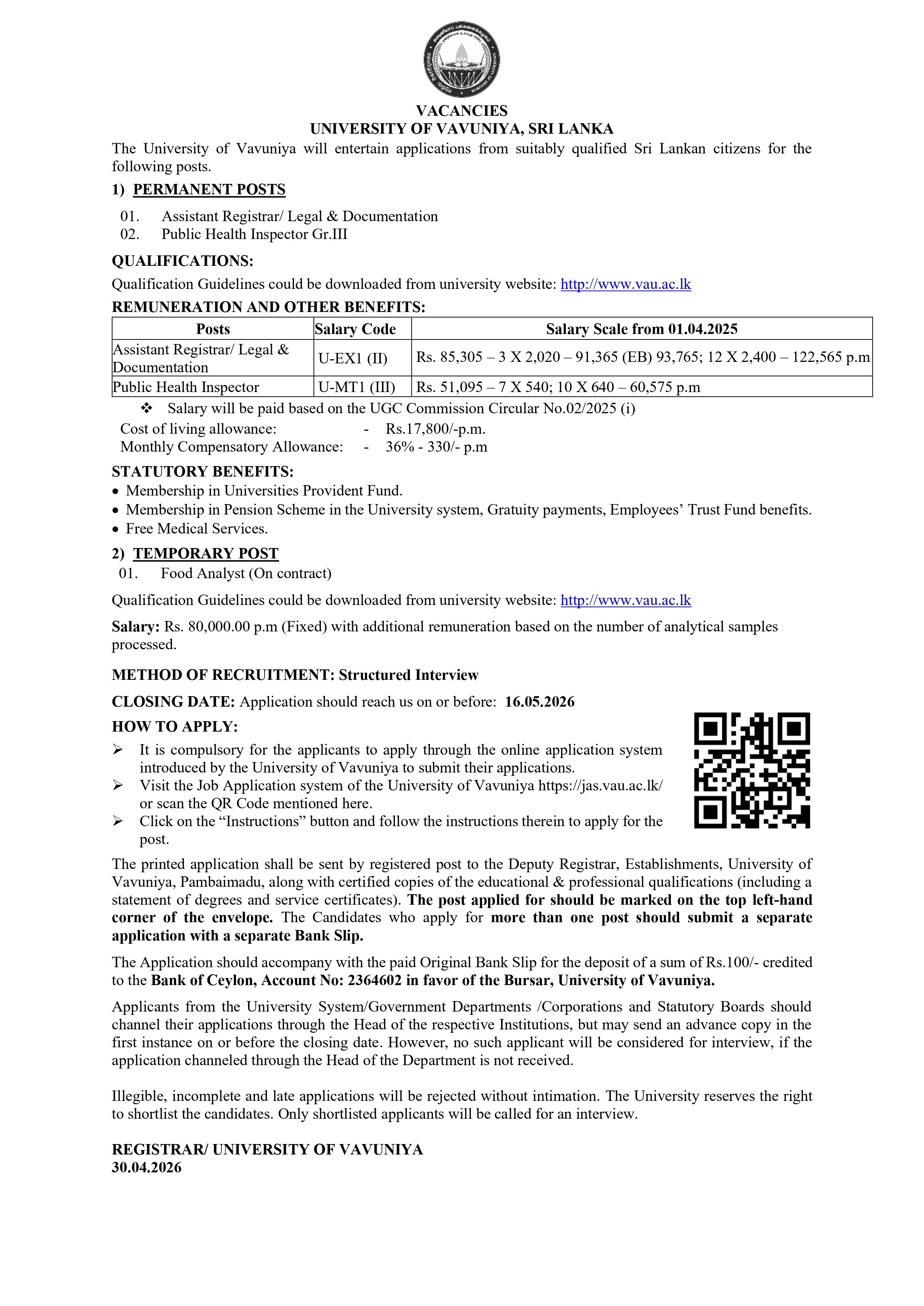 University of Vavuniya Vacancy 2026