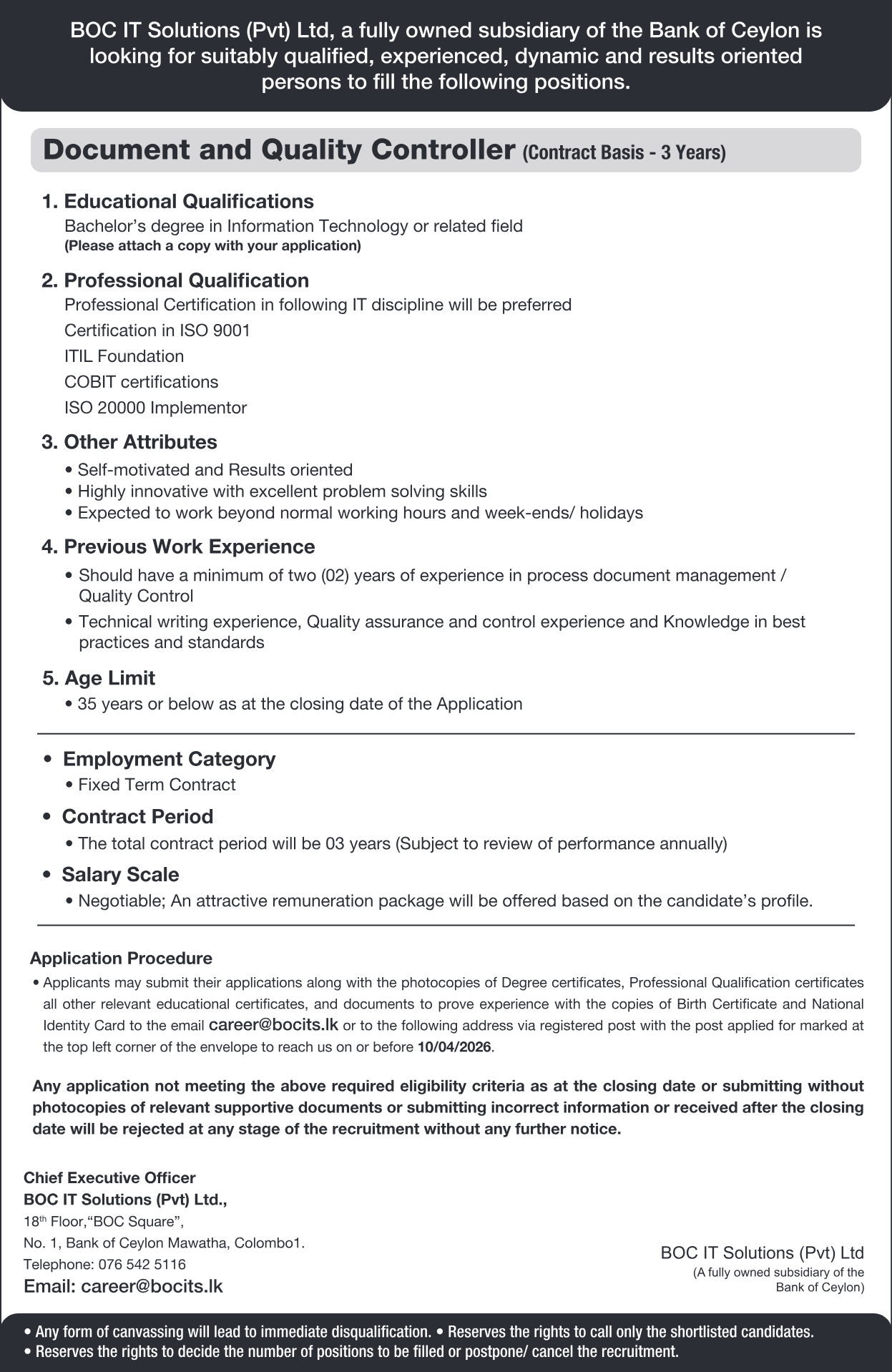 BOC IT Solutions Job Vacancies 2026