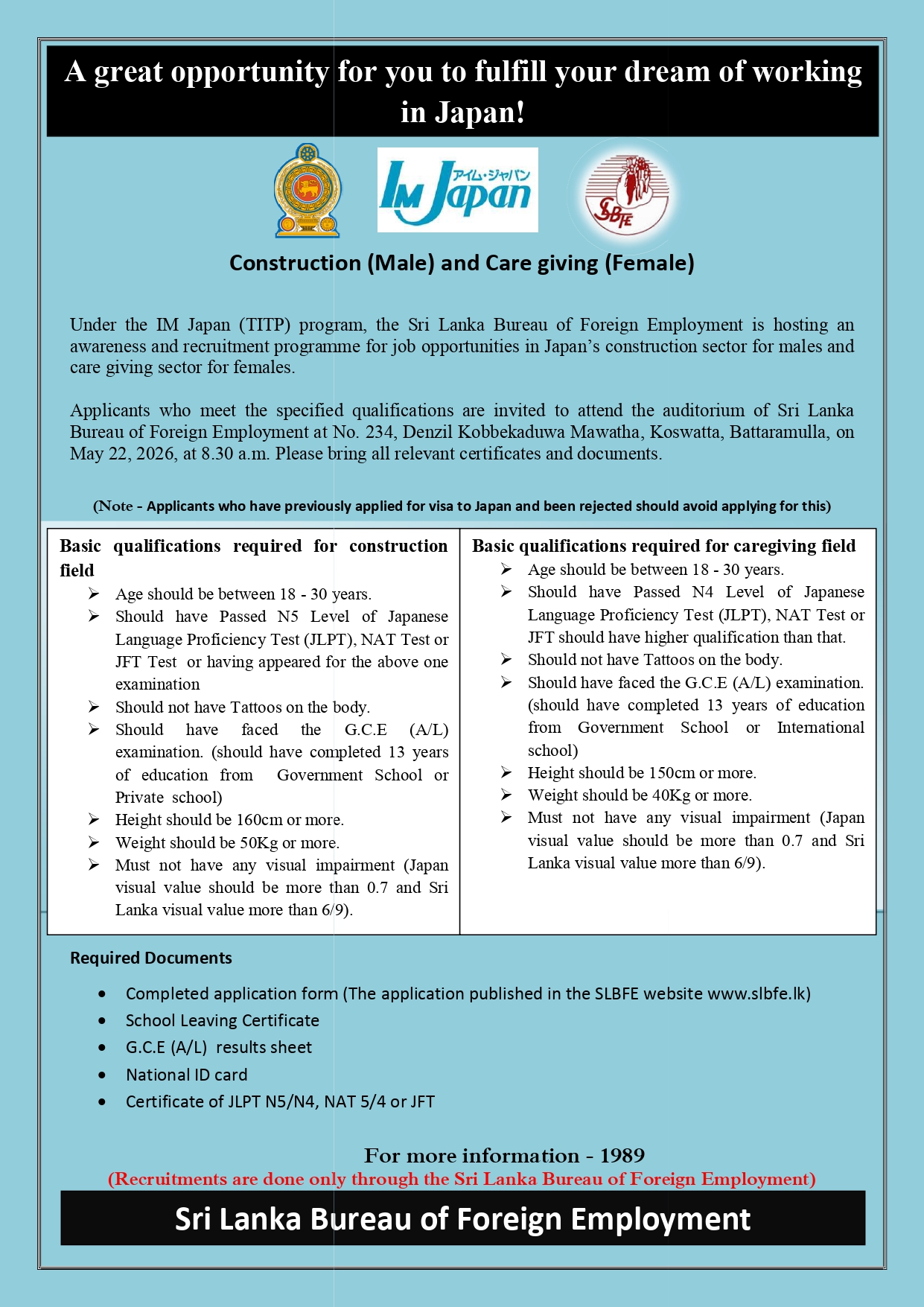 Japan Job Opportunities 2026 Sri Lanka IM Japan TITP