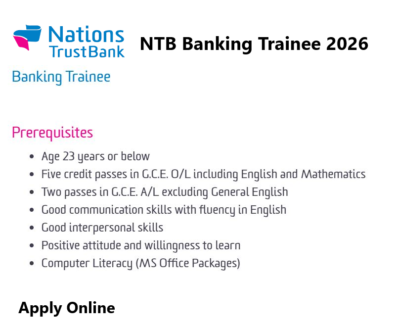 Nations Trust Bank Banking Trainee Vacancies 2026 Sri Lanka