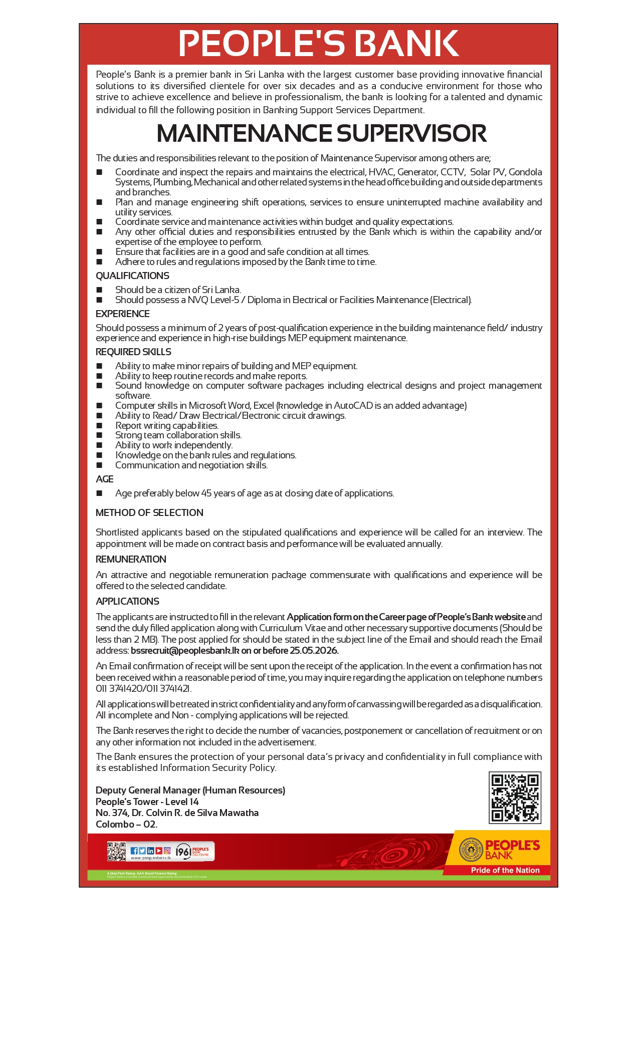People’s Bank Maintenance Supervisor Job Vacancy 2026 Sri Lanka
