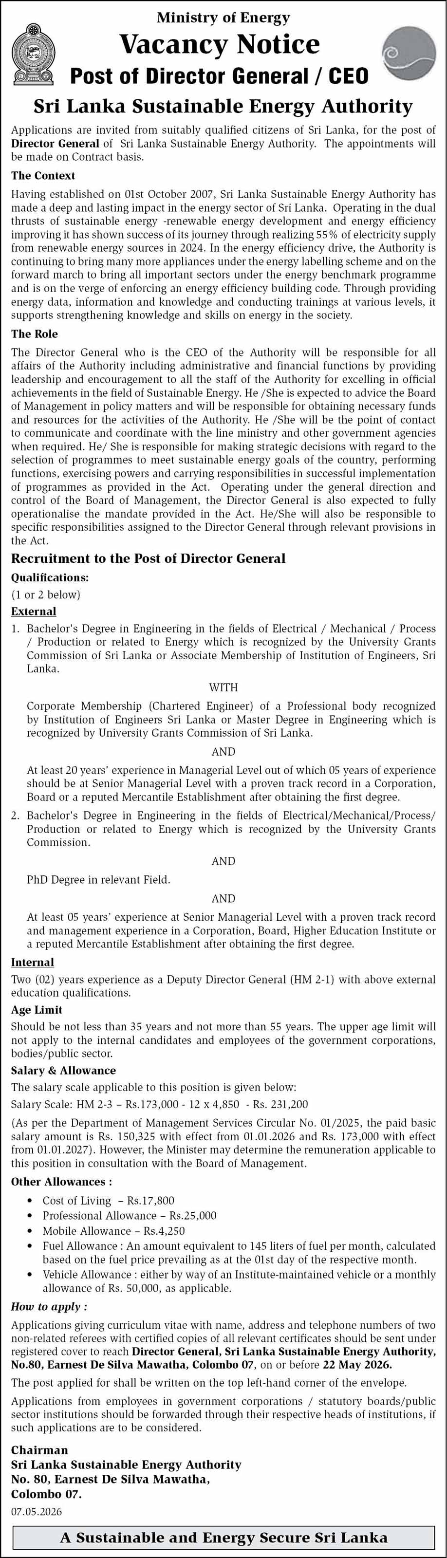 SLSEA Director General CEO Vacancy 2026